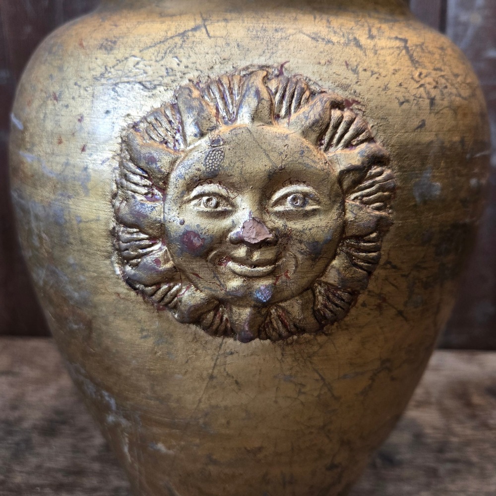 Vintage Florentine Sun Face Vase Handmade Terracotta Gold Finish Celestial - Picture 7 of 12